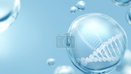 Photo for Beauty skincare and medical healthcare 3d illustration concept. Pure transparent macro liquid oil bubble. White helix on blue futuristic background with realistic droplets as product demo showcase. - Royalty Free Image