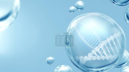 Photo for Beauty skincare and medical healthcare 3d illustration concept. Pure transparent macro liquid oil bubble. White helix on blue futuristic background with realistic droplets as product demo showcase. - Royalty Free Image