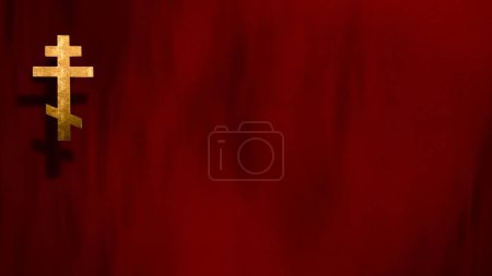 Photo for Liturgic  golden Christian Cross on copy space in red. 3D illustration for online worship live stream church sermon on Mourning Time and All Souls Day. Concept of requiem Mass and sorrow. - Royalty Free Image