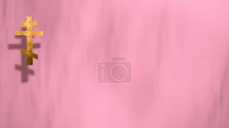 Photo for Liturgic  golden Christian Cross on copy space in pink. 3D illustration for online worship live stream church sermon on Mourning Time and All Souls Day. Concept of requiem Mass and sorrow. - Royalty Free Image