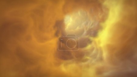 Foto de Etéreo sueño-como nubes gigantes abstractas túnel de color amarillo. Infinita nebulosa mágica remolino fantasía vórtice. Concepto Ilustración 3D de la espiritualidad moderna hipnosis, sueño y concentración de ansiedad - Imagen libre de derechos