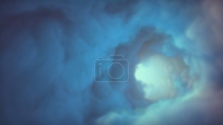 Téléchargez les photos : Tunnel de nuages géants abstraits éthérés et oniriques de couleur bleue. Nébuleuse magique infinie tourbillonnant vortex fantaisie. Concept Illustration 3D de la spiritualité moderne hypnose, rêve et anxiété concentration - en image libre de droit