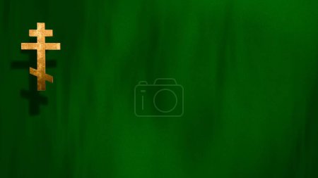 Photo for Liturgic  golden Christian Cross on copy space in green. 3D illustration for online worship live stream church sermon on Mourning Time and All Souls Day. Concept of requiem Mass and sorrow. - Royalty Free Image