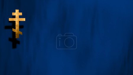 Photo for Liturgic  golden Christian Cross on copy space in blue. 3D illustration for online worship live stream church sermon on Mourning Time and All Souls Day. Concept of requiem Mass and sorrow. - Royalty Free Image