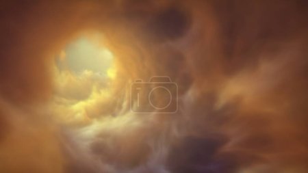 Foto de Etéreo sueño-como nubes gigantes abstractas túnel de color amarillo. Infinita nebulosa mágica remolino fantasía vórtice. Concepto Ilustración 3D de la espiritualidad moderna hipnosis, sueño y concentración de ansiedad - Imagen libre de derechos