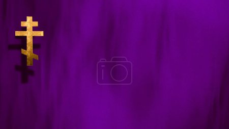 Téléchargez les photos : Croix chrétienne d'or liturgique sur copie en violet. Illustration 3D pour le culte en ligne en direct sermon de l'église sur le temps de deuil et All Souls Day. Concept de requiem Messe et chagrin. - en image libre de droit