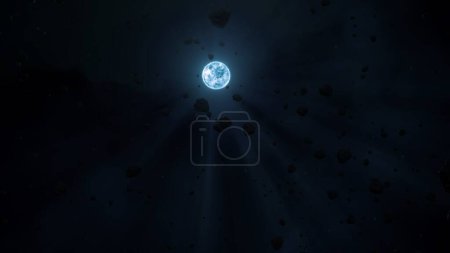 Téléchargez les photos : Approche de l'étoile naine blanche Sirius B à travers un champ d'astéroïdes rocheux stérile flottant. Concept astronomie Illustration 3D. Eléments lourds roches orbitant dans le vent étoilé en post supernova combustion d'hydrogène. - en image libre de droit