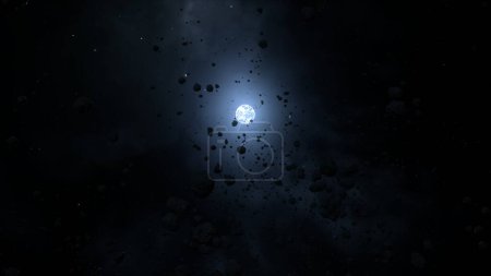 Foto de Estrella enana blanca Sirius B brillando detrás del estéril campo de asteroides rocosos. Concepto 3D fondo de pantalla astrología artística. Residuos espaciales y polvo cósmico orbitando estrella de neutrones en radiación solar hostil. - Imagen libre de derechos