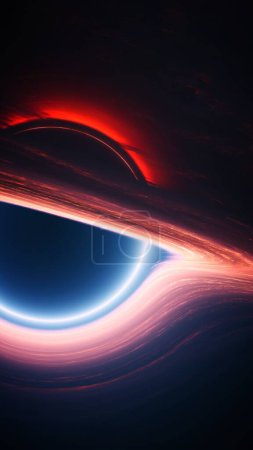 Photo for Supermassive singularity in outer cosmos. Interstellar black hole with gravitational forces warping space. Vertical 3d illustration wallpaper background. Close-up of event horizon and accretion disk. - Royalty Free Image