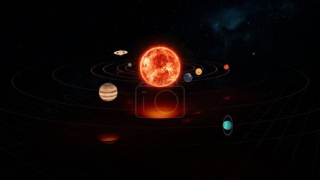 Simulación de la gravedad en el cosmos. Teoría de la Relatividad en el Sistema Solar. 3d ilustración de la gravedad del sol campo de fuerza cuadrícula y planetas en órbita. Espacio y tiempo de curvatura en masa en física cuántica.