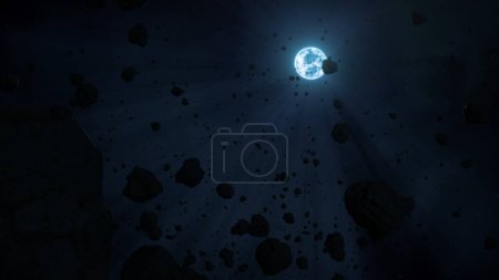 L'étoile naine blanche Sirius B révèle derrière un champ d'astéroïdes rocheux stérile. Concept Illustration 3D de débris spatiaux en fer et éléments lourds orbitant dans le vent étoilé après combustion d'hydrogène et supernova.