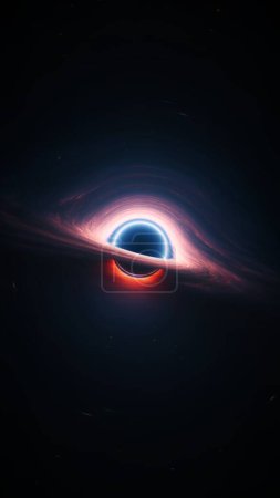 Photo for Giant singularity in outer cosmos. Vertical astrophysics 3d illustration background. Interstellar black hole with glowing rotating accretion disk. Background cosmos of wormhole warped in curved space. - Royalty Free Image