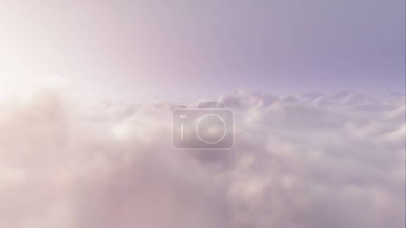 Foto de Vuelo alto sobre nubes blancas nubladas y sol. Copiar el espacio y el producto muestra el concepto de fondo Ilustración 3D del cielo y la libertad en el paisaje nublado panorámico. Destinos de viaje y transporte aéreo - Imagen libre de derechos