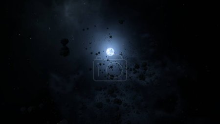 Foto de Estrella enana blanca Sirius B revelando detrás de estéril campo de asteroides rocosos. Concepto Astrofísica 3D ilustración de fondo. Residuos espaciales y polvo cósmico orbitando estrella de neutrones en radiación solar hostil. - Imagen libre de derechos