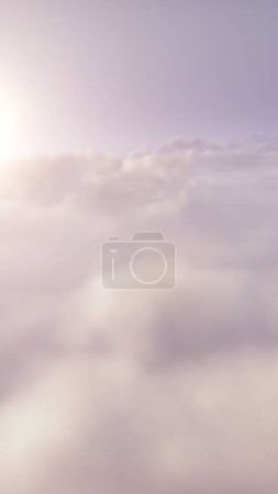 Foto de Vuelo alto sobre nubes blancas nubladas y sol. Copia espacio o producto escaparate fondo vertical 3D ilustración del cielo y la libertad en paisaje nublado panorámico. Destinos de viaje y transporte aéreo - Imagen libre de derechos