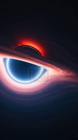Photo for Interstellar black hole in outer cosmos. Giant singularity with glowing rotating accretion disk. Vertical 3d illustration astrology background. Cosmos around wormhole warps space-time in curved space. - Royalty Free Image