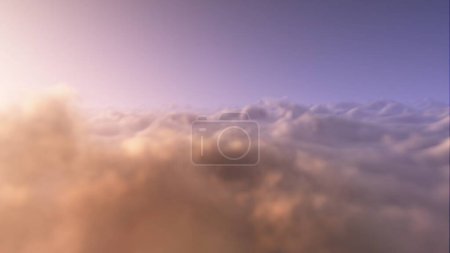 Photo for Flight high above the clouds during evening sun. Aspirations and climate background concept 3D illustration of heaven and heavenly space and freedom in colorful evening or morning panoramic cloudscape - Royalty Free Image