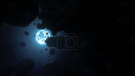 Foto de Estrella enana blanca Sirio B con campo de asteroides rocosos hostiles. Concepto ilustración 3D astronomía fondo de pantalla. Cinturón de rocas de hierro negro estéril orbitando en el espacio. Post supernova helio quema vientos de radiación. - Imagen libre de derechos
