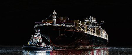 TRANSPORTE MARÍTIMO - El buque portacontenedores navega a puerto con la ayuda de un remolcador