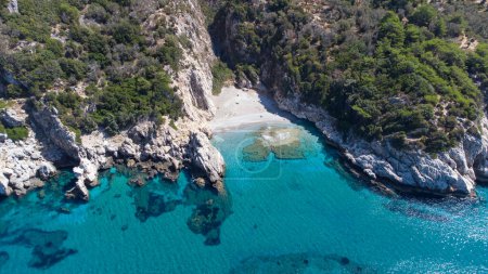 Photo for Aerial top view footage of crystal clear water beach of Seitani in the Aegean island Samos - Royalty Free Image