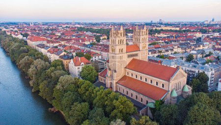 Photo for St. Maximilian church aerial view next to the Isar river in Munich - Royalty Free Image