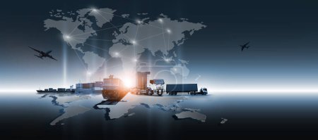 El fondo logístico mundial o el transporte Industria o negocio de envío, transporte de carga de contenedores entrega de camiones importación de aviones Concepto