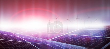 Photo for Solar Panels and Wind Turbines at Sunset or Sunrise.Concept of Renewable Energy , Solar cell farm power plant eco technology,concept of sustainable resources and clean energy system. - Royalty Free Image