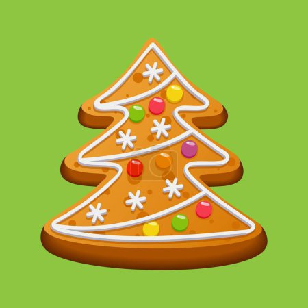 Christmas tree shaped gingerbread. Homemade Christmas sweet cookies decorated with icing sugar and marmalade. Vector illustration.