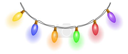 Téléchargez les illustrations : Guirlande festive. Guirlande lumineuse d'ampoules multicolores sur fond blanc. Illustration vectorielle. - en licence libre de droit