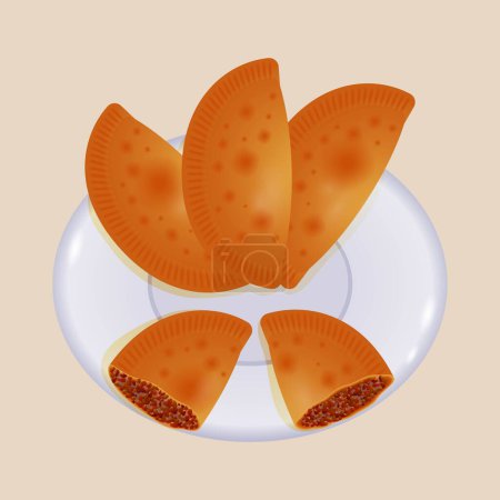 Illustration for Empanadas whole and halves with meat on a plate. Traditional latin and spanish food. Delicious Mexican pastries with different toppings. Fried pies or pasties with meat. Food vector illustration. - Royalty Free Image