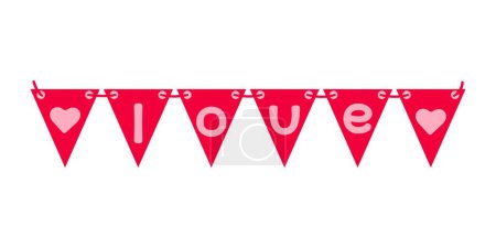 Illustration for Festive garland of triangular flags with the inscription LOVE and hearts. Cute design element for Valentine's Day, birthday or carnival. Vector illustration. - Royalty Free Image