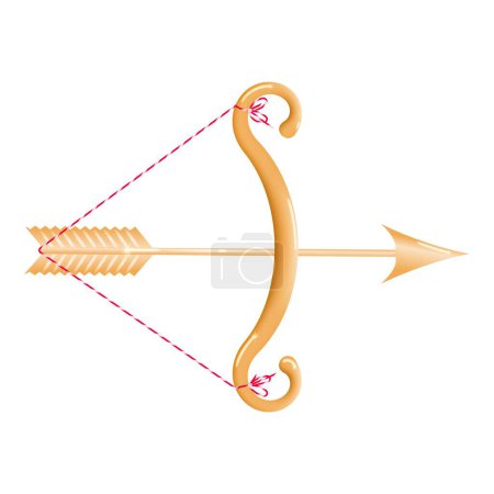 Illustration for Golden bow 3d with a stretched string and a loaded golden arrow isolated on a white background. Cartoon yellow bow with arrow. Vector illustration. - Royalty Free Image