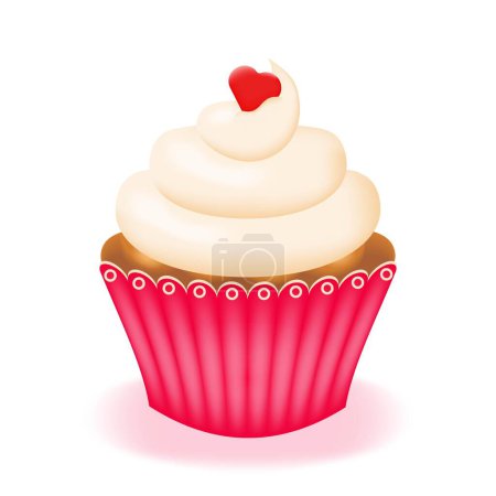 Illustration for Cupcake, cake with cream in pink paper cup isolated on white background. Sweet pastry with whipped cream and chocolate. Vector illustration. - Royalty Free Image