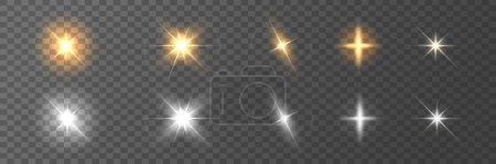 Background with glowing lights. Set of shiny highlights, stars, flares. Solar golden flash effect on transparent background. Collection of gold and silver sequins. Vector illustration.