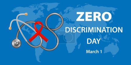 Illustration for Poster Zero Discrimination Day 1 March. Template with a symbolic red ribbon, statoscope, world map, text on a blue background. AIDS awareness concept. March 1. Vector illustration. - Royalty Free Image