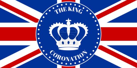 Insigne avec un contour de la couronne sur le fond du drapeau britannique. Contexte en l'honneur du couronnement du roi. Blanc, rouge, bleu Illustration vectorielle.