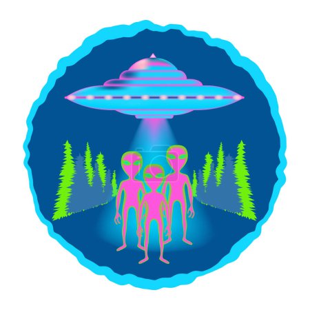 Ufo flying in the sky. Round badge, print, poster in neon color with a flying saucer and aliens on the background of the forest. Vector illustration.