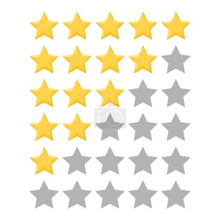 Illustration for Five star rating of sites on the Internet. 5 star consumer rating for apps and websites. Yellow star icons in a row for customer voting for quality of service. Vector illustration. - Royalty Free Image