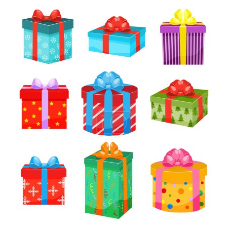 Téléchargez les illustrations : Un ensemble de différents modèles de cadeaux dans un emballage coloré. Boîtes cadeaux emballées colorées avec rubans et arc. Illustration vectorielle. - en licence libre de droit
