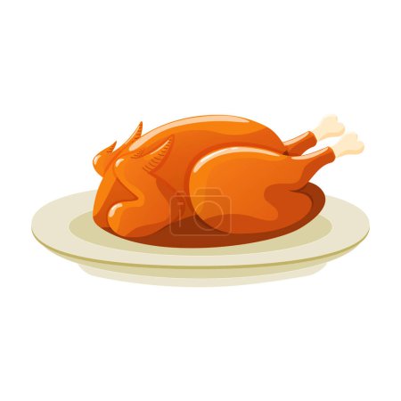 Roast turkey bird on a plate for Thanksgiving or harvest festival. Baked grilled chicken on a plate. Isolated holiday poultry food. Fried white meat chicken. Vector illustration.