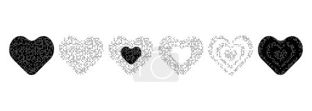 Ilustración de Colección de iconos en forma de corazón con textura arenosa. Diferentes símbolos y signos en forma de corazón con un efecto de ruido granulado en negro. Ilustración vectorial. - Imagen libre de derechos