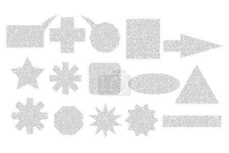 Ilustración de Conjunto de diferentes símbolos y signos hechos de textura de arena. Formas geométricas e iconos con efecto de ruido granulado. Estrella grunge, cruz, corazón, flecha, cuadrado, rectángulo, triángulo, óvalo, burbuja del habla. Vector - Imagen libre de derechos