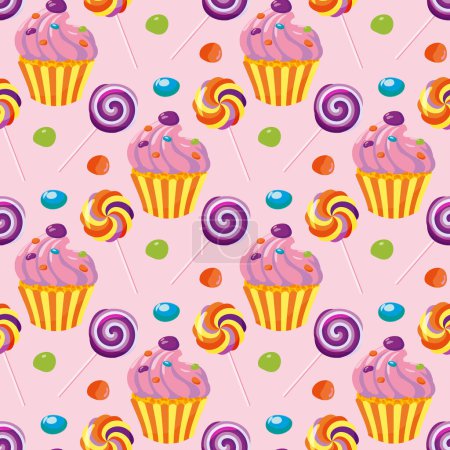 Téléchargez les illustrations : Motif sans couture de bonbons, biscuits et cupcakes décorés de crème. cupcakes d'anniversaire avec des bonbons. Fond rose. Pour papier d'emballage, emballage, tissu, papier peint. - en licence libre de droit