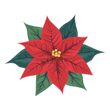 Vereinzelte rote Weihnachtssterne blühen. Eine beliebte Pflanze für Weihnachten oder Neujahr. Traditionelle Dekoration an der Wand oder Tür für Weihnachten, Neujahr. Cartoon-Flach. Vektorillustration.