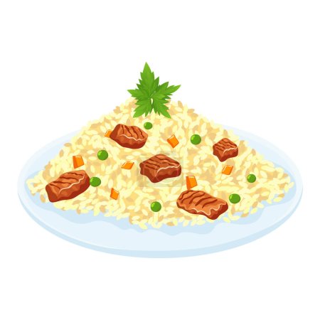 Ilustración de Gachas de arroz con carne y verduras aisladas sobre fondo blanco. Plato de arroz. Comida saludable. Ilustración vectorial. - Imagen libre de derechos