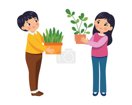 Child with a flower. Happy boys and girls share potted plants in a fun plant exchange between friends. Friendship concept. Vector illustration.
