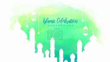 Ilustración de Beautiful mosque watercolor vector illustration with white mosque, lanterns, and stars. Hand-drawn Islamic celebration background. Ramadan mosque painting - Imagen libre de derechos