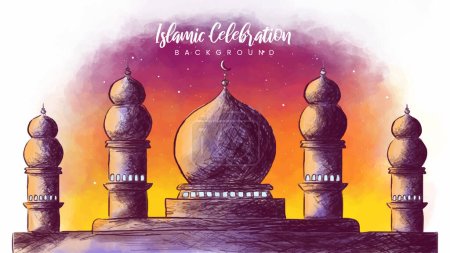 Beautiful mosque watercolor vector illustration with a sunset background. Hand-drawn Islamic celebration background. Ramadan mosque painting