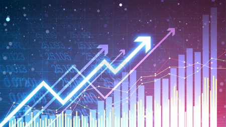 Illustration for Business growth background with the bar chart static and up arrow. Graphic of successful financial development on blue gradient background. Stock market growth in futuristic technology style. - Royalty Free Image