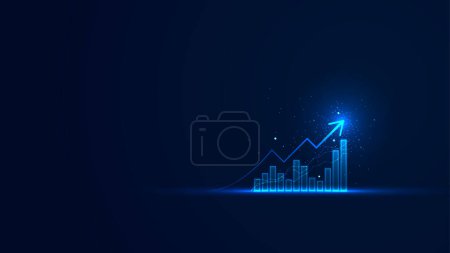 Illustration for Business growth wallpaper with the glowing bar chart static and up arrow. Stock market growth in futuristic technology style. Graphic of successful financial development on the dark background - Royalty Free Image
